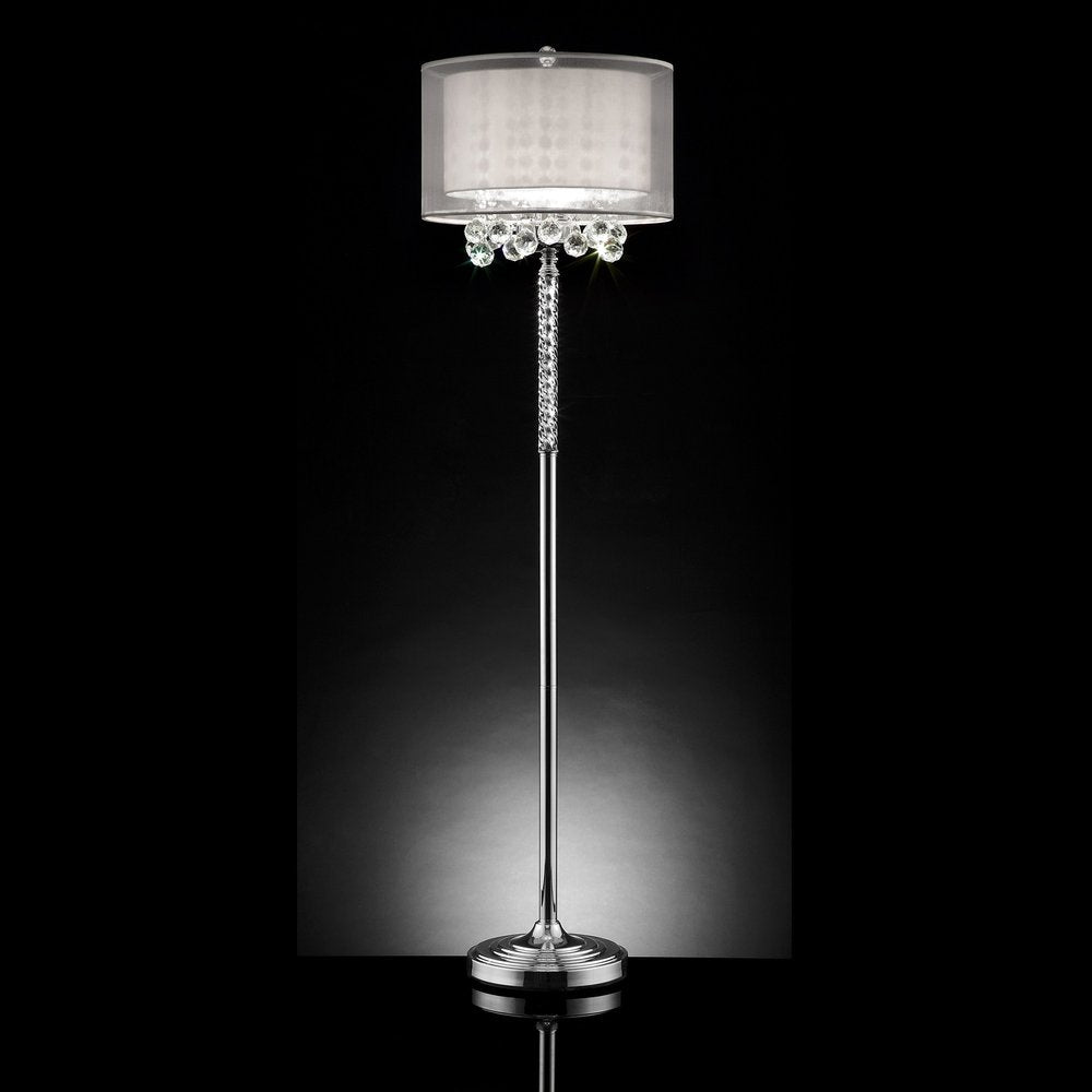 63" Silver Three Light Candelabra Floor Lamp With White Fabric Drum Shade photographed against a dark studio background in silver.