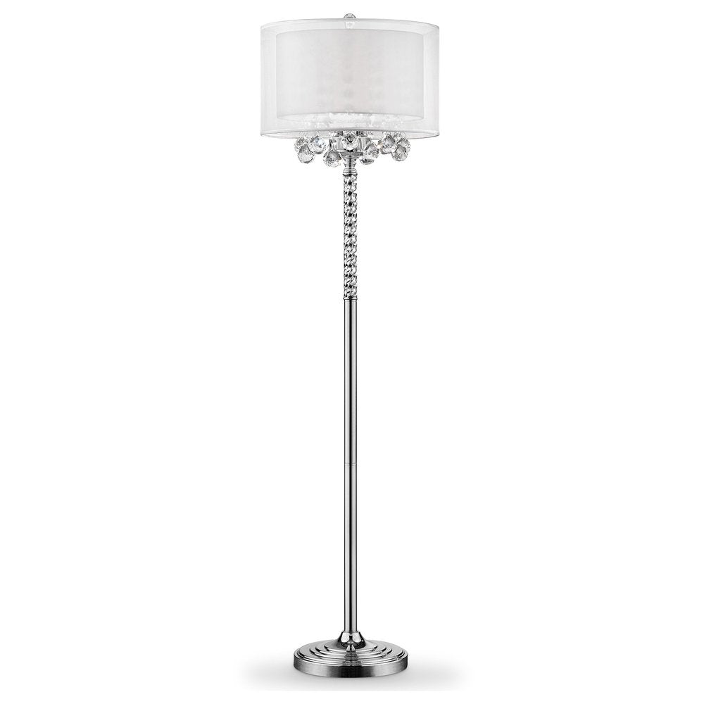 63" Silver Three Light Candelabra Floor Lamp With White Fabric Drum Shade. Floor lamp isolated on a plain white background, in a silver metal finish.
