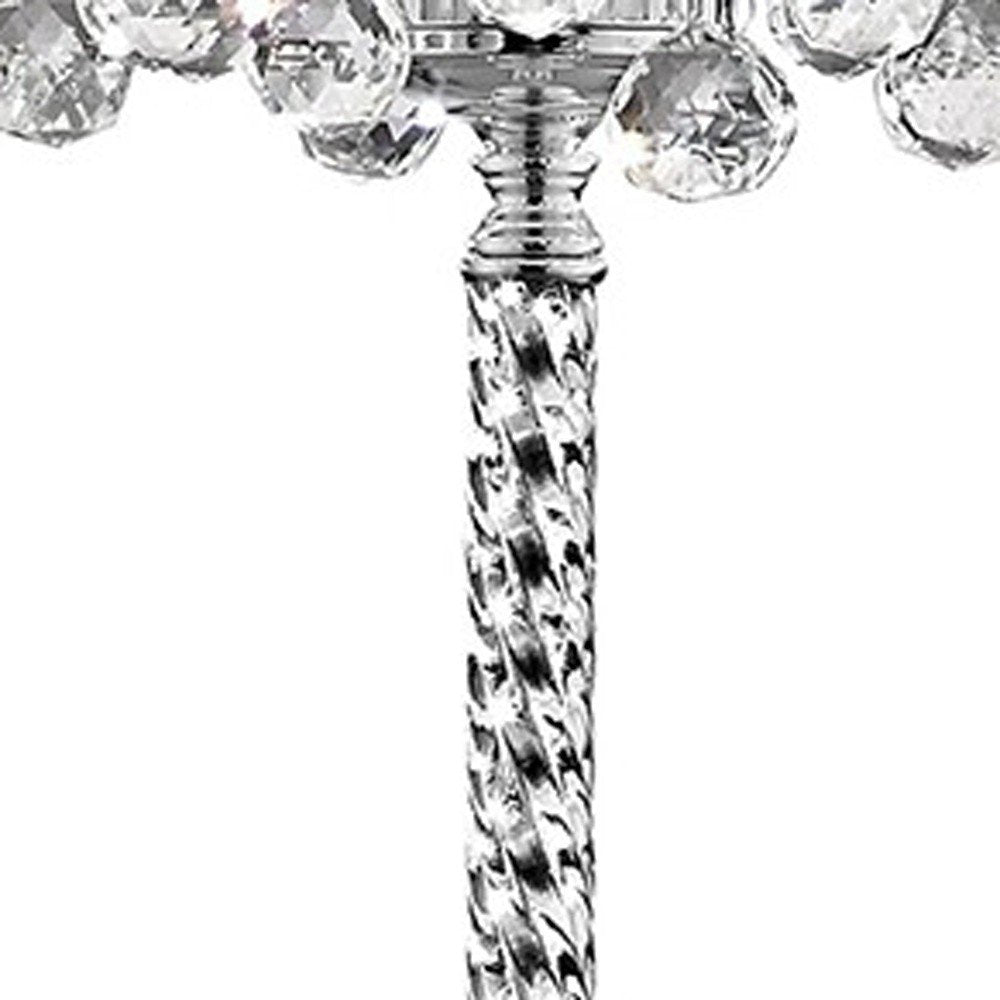 63" Silver Three Light Candelabra Floor Lamp With White Fabric Drum Shade. Floor lamp isolated on a plain white background, showing a silver metal surface.
