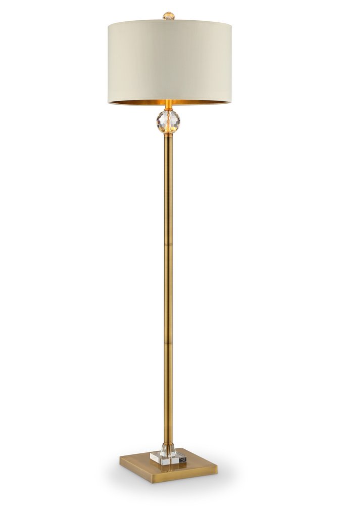 63" Gold Column Floor Lamp With Off White Metal Drum Shade. Floor lamp isolated on a plain white background, showing a off-white metal surface.