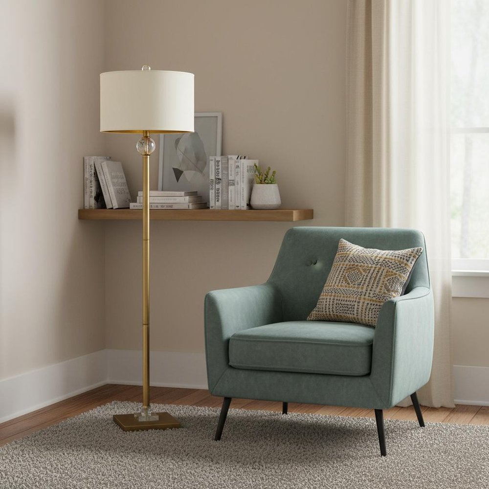 63" Gold Column Floor Lamp With Off White Metal Drum Shade. Floor lamp in gold metal.