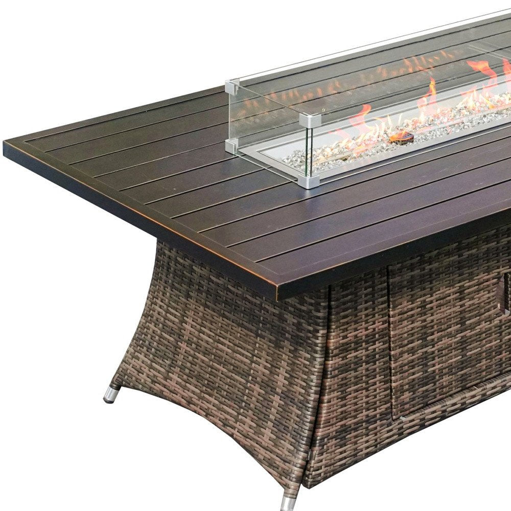Brown Wicker Outdoor Patio Gas Fire Pit Table on a white background