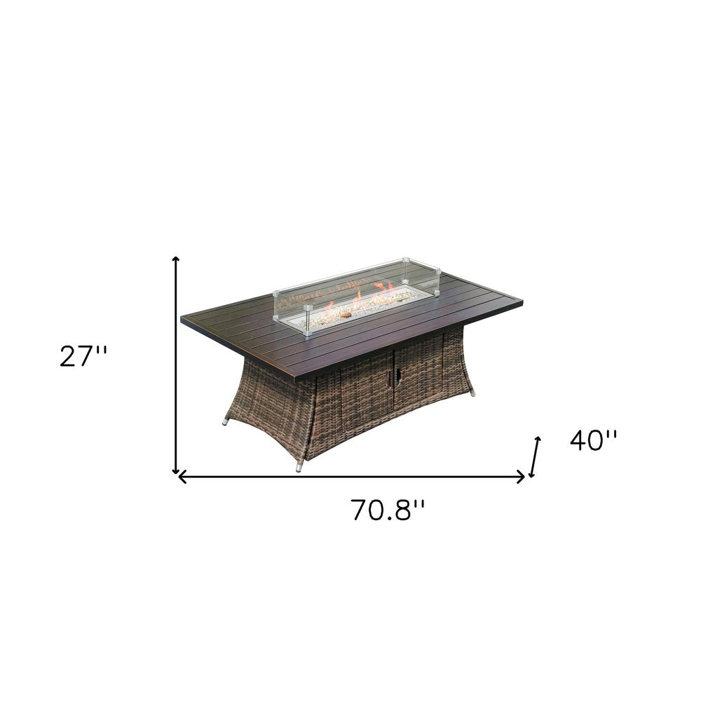 Brown Wicker Outdoor Patio Gas Fire Pit Table on a white background