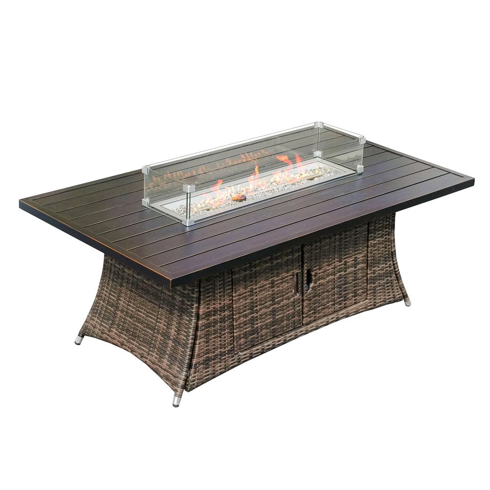 Brown Wicker Outdoor Patio Gas Fire Pit Table on a white background