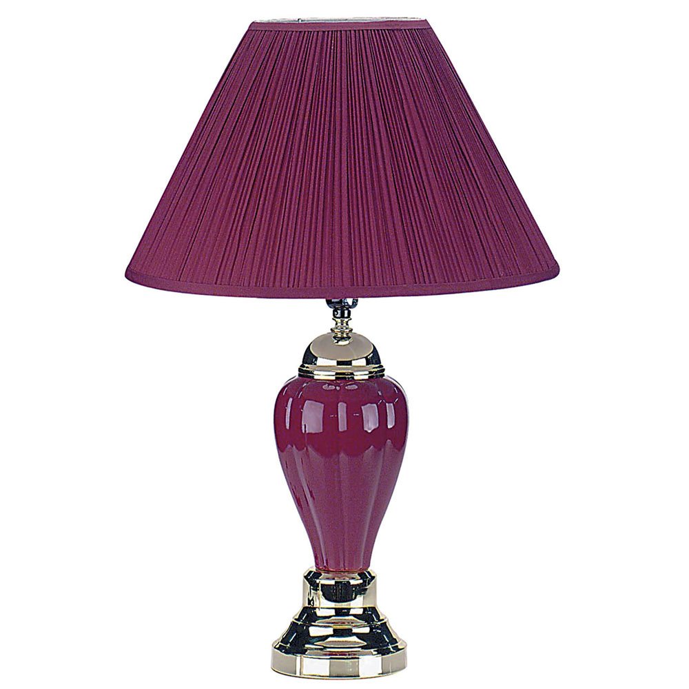 27" Silver Ceramic Bedside Table Lamp With Magenta Empire Shade. Table lamp isolated on a plain white background, showing a ceramic surface.