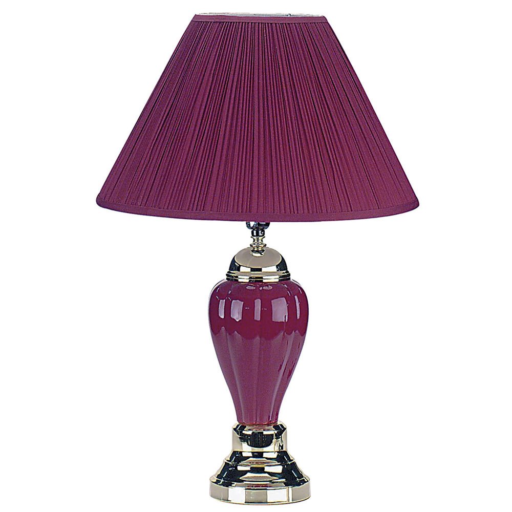 27" Silver Ceramic Bedside Table Lamp With Magenta Empire Shade. Table lamp isolated on a plain white background, showing a ceramic surface.