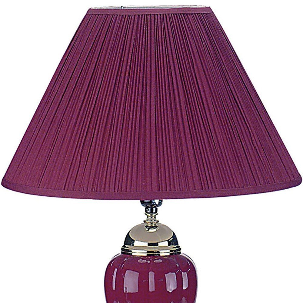 27" Silver Ceramic Bedside Table Lamp With Magenta Empire Shade. Table lamp isolated on a plain white background, showing a ceramic surface.