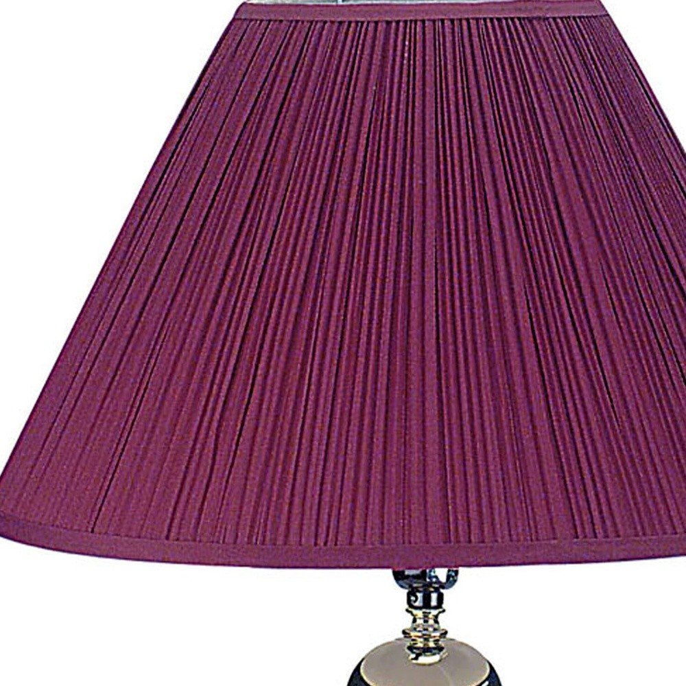 27" Silver Ceramic Bedside Table Lamp With Magenta Empire Shade. Table lamp isolated on a plain white background, showing a ceramic surface.