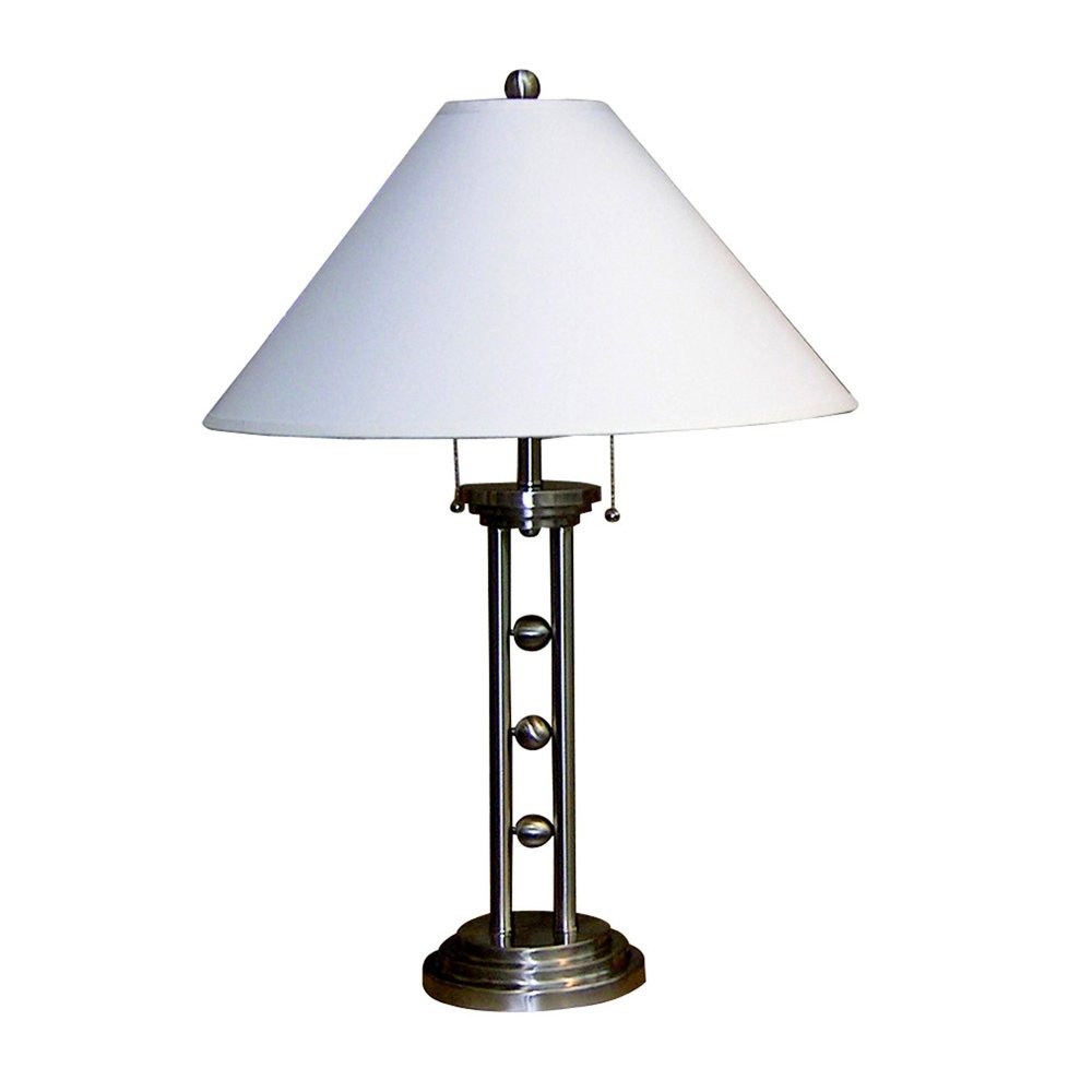 27" Silver Metal Two Light Table Lamp With White Classic Empire Shade. Table lamp isolated on a plain white background, finished in silver metal.