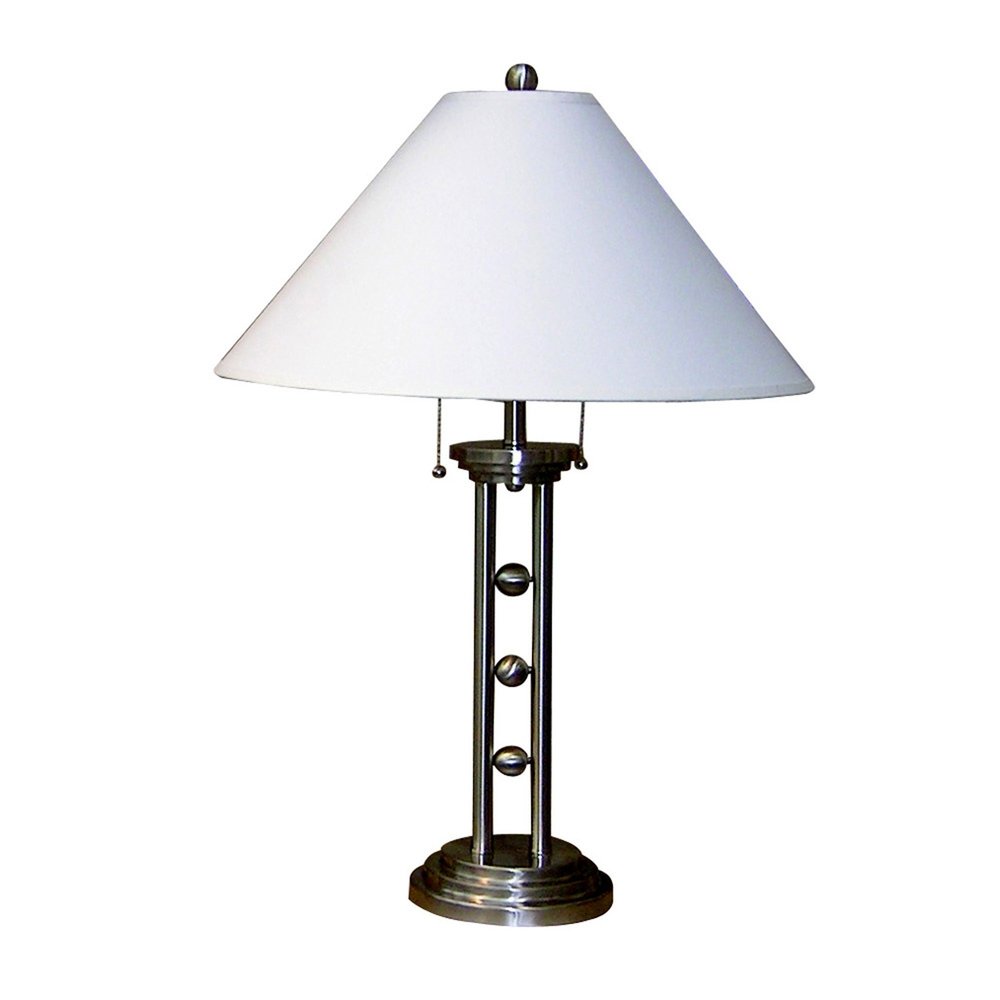 27" Silver Metal Two Light Table Lamp With White Classic Empire Shade. Table lamp isolated on a plain white background, in a silver metal finish.
