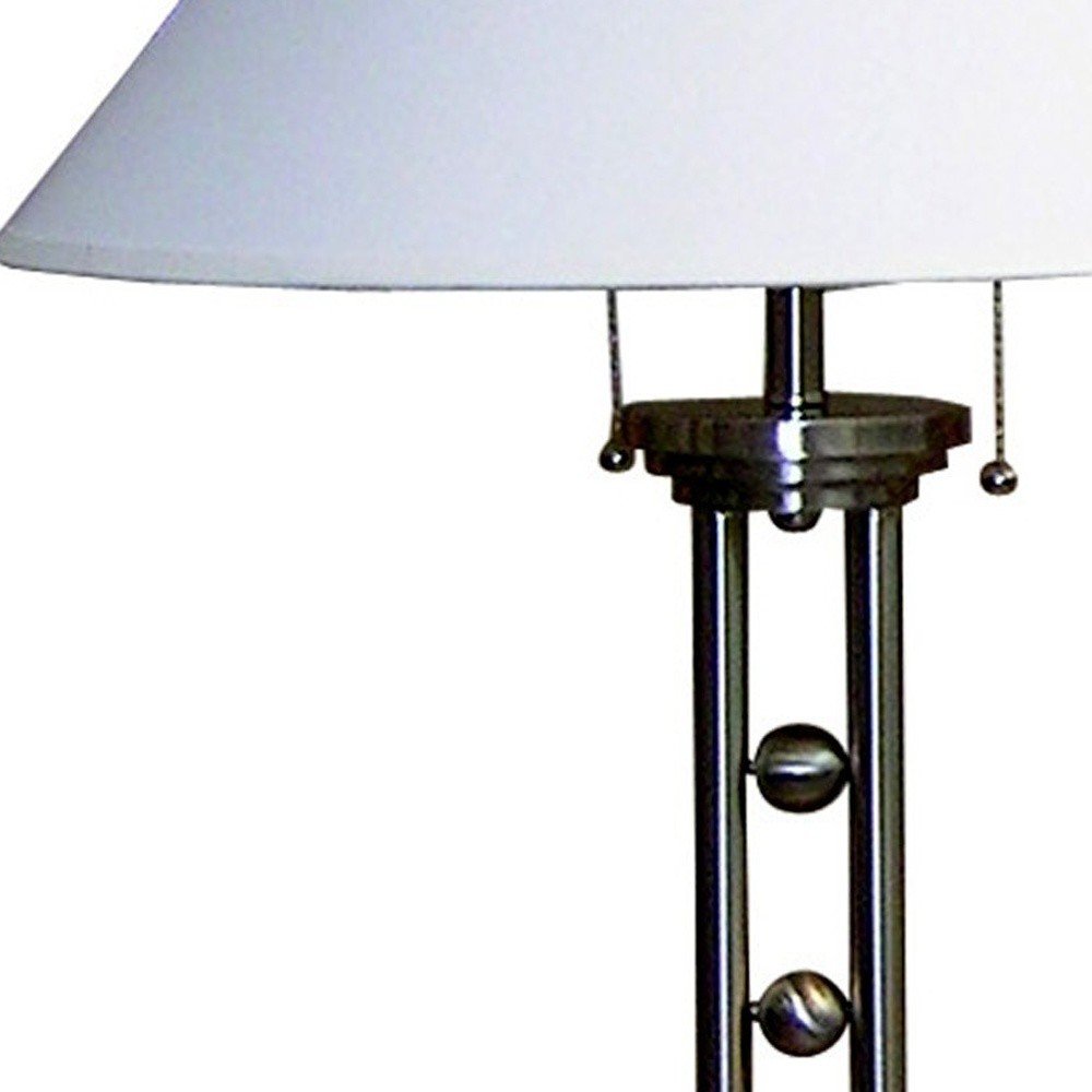 27" Silver Metal Two Light Table Lamp With White Classic Empire Shade. Table lamp isolated on a plain white background, finished in white metal.