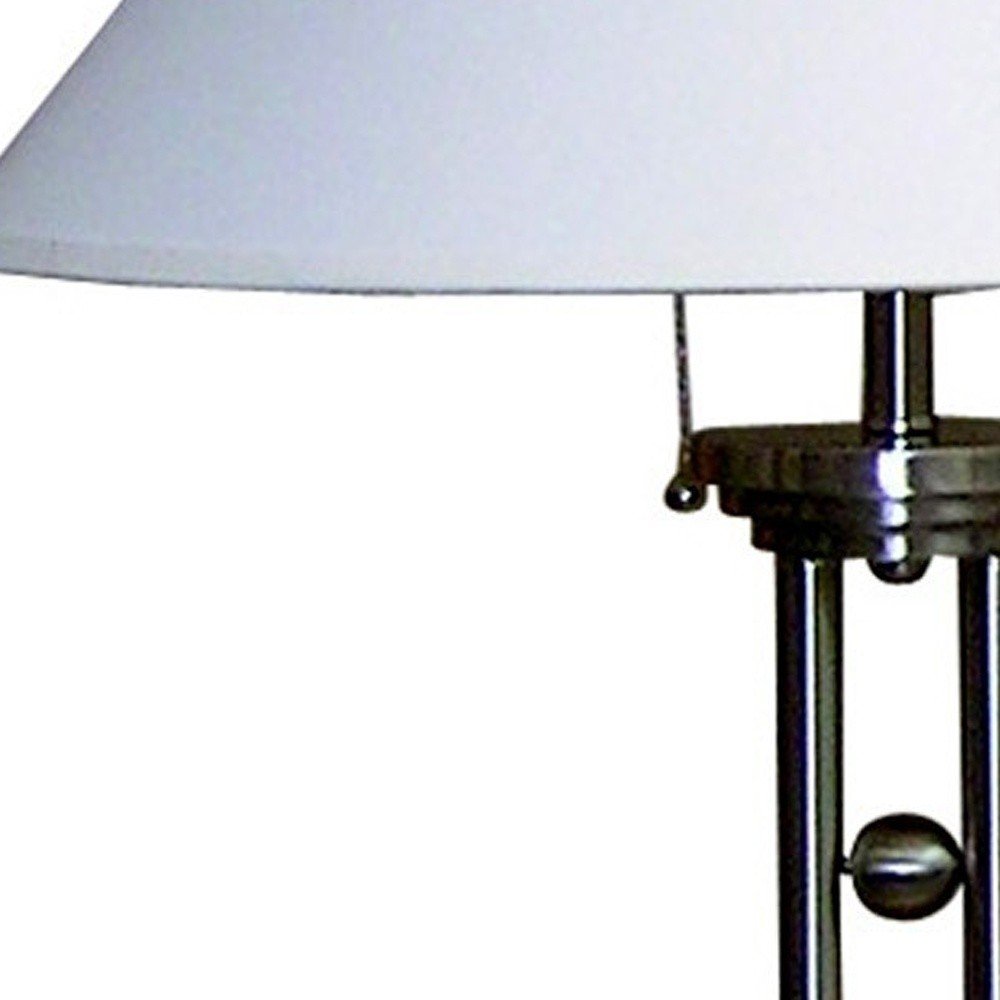 27" Silver Metal Two Light Table Lamp With White Classic Empire Shade. Table lamp isolated on a plain white background, showing a white metal surface.