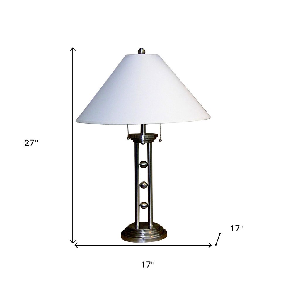 27" Silver Metal Two Light Table Lamp With White Classic Empire Shade. Table lamp isolated on a plain white background, in a silver metal finish.