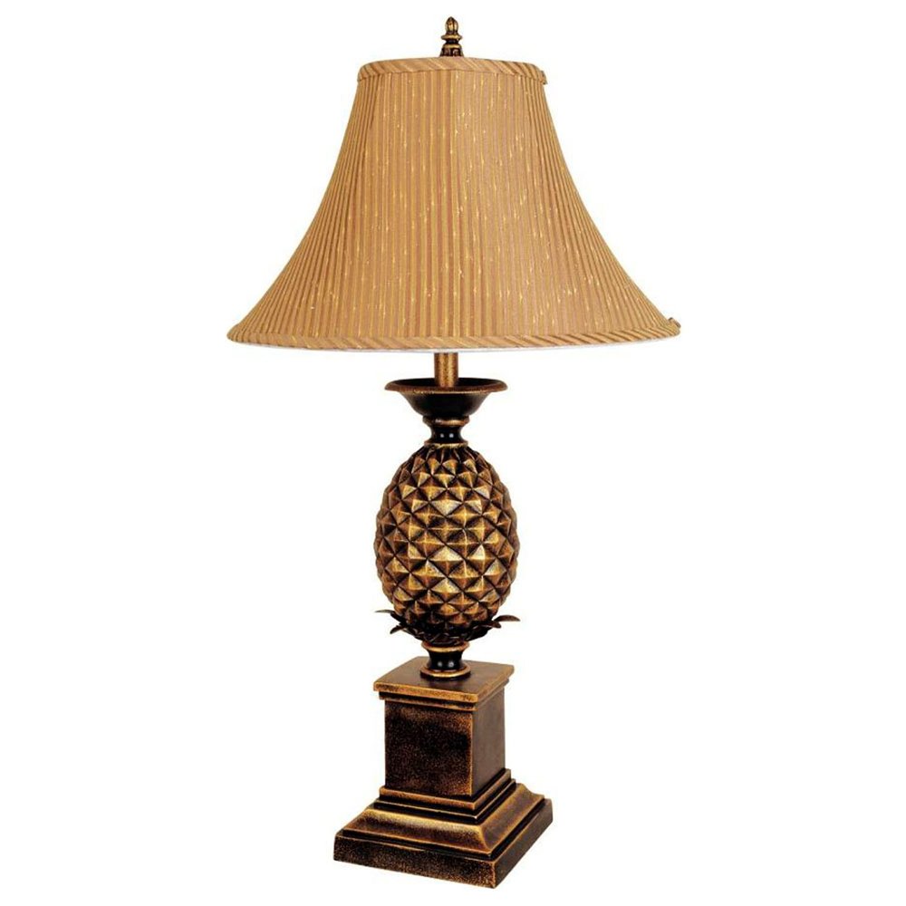 32" Gold Metal Pineapple Table Lamp With Gold Classic Empire Shade. Table lamp isolated on a plain white background, finished in gold metal.