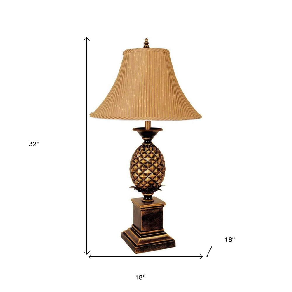 32" Gold Metal Pineapple Table Lamp With Gold Classic Empire Shade. Table lamp isolated on a plain white background, showing a gold metal surface.
