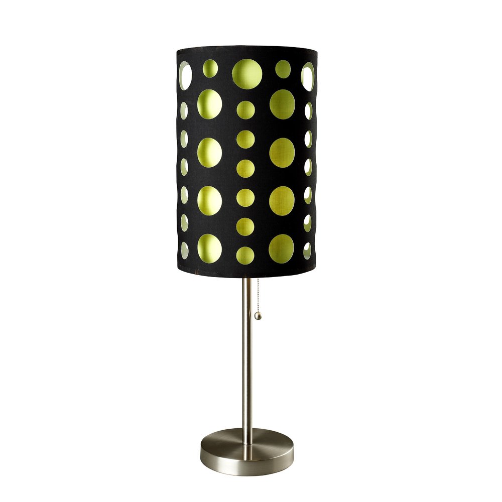 33" Silver Metal Mod Table Lamp With Black And Green Drum Shade. Table lamp isolated on a plain white background, finished in black metal.