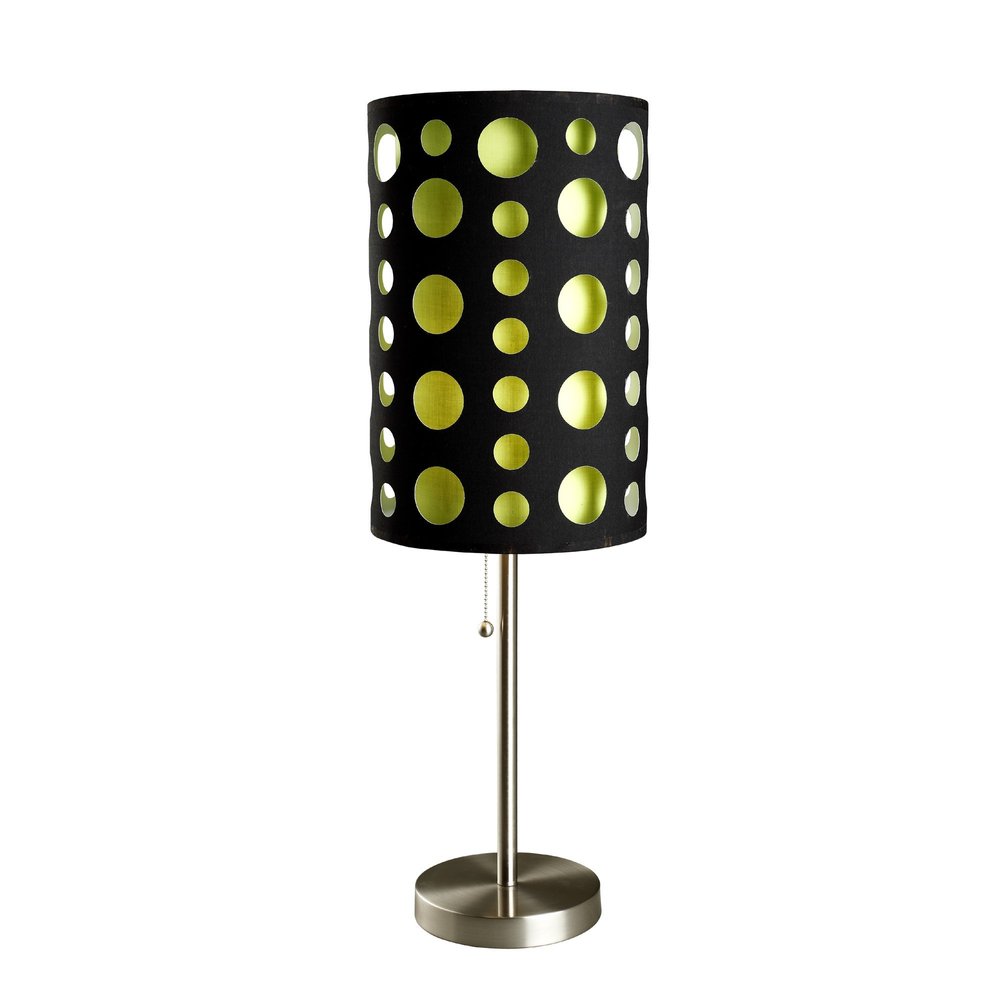 33" Silver Metal Mod Table Lamp With Black And Green Drum Shade. Table lamp isolated on a plain white background, showing a silver metal surface.