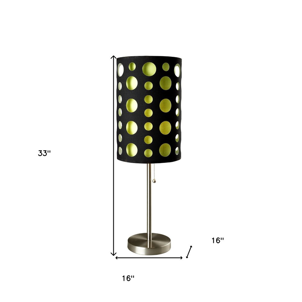 33" Silver Metal Mod Table Lamp With Black And Green Drum Shade. Table lamp isolated on a plain white background, showing a black metal surface.