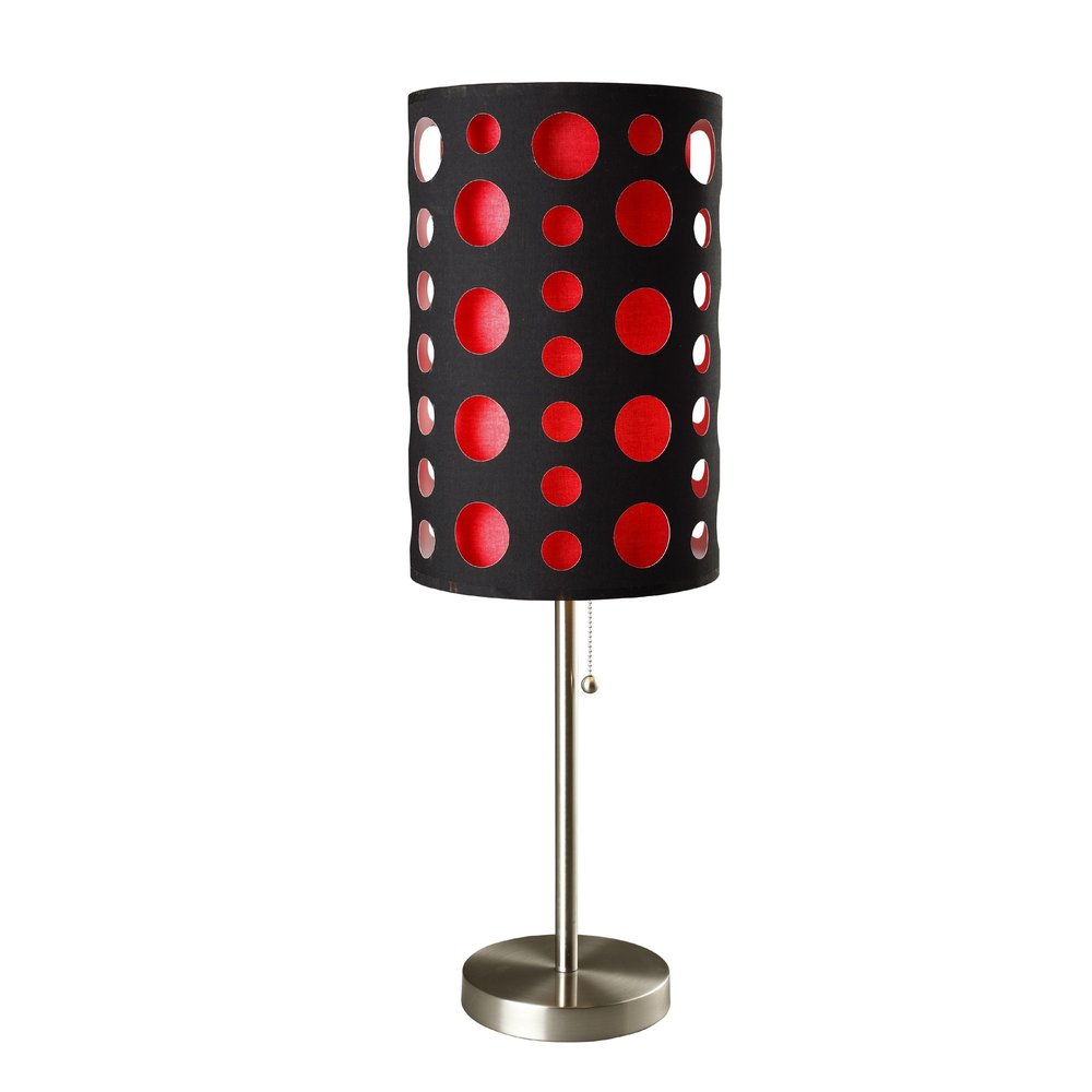 33" Steel Mod Table Lamp With Black And Red Drum Shade. Table lamp isolated on a plain white background, in a black metal finish.