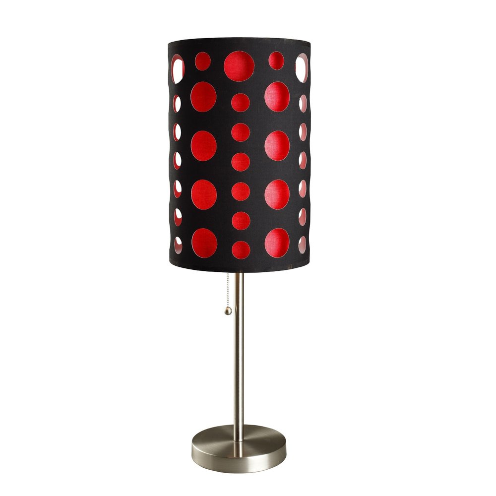 33" Steel Mod Table Lamp With Black And Red Drum Shade. Table lamp isolated on a plain white background, finished in black metal.