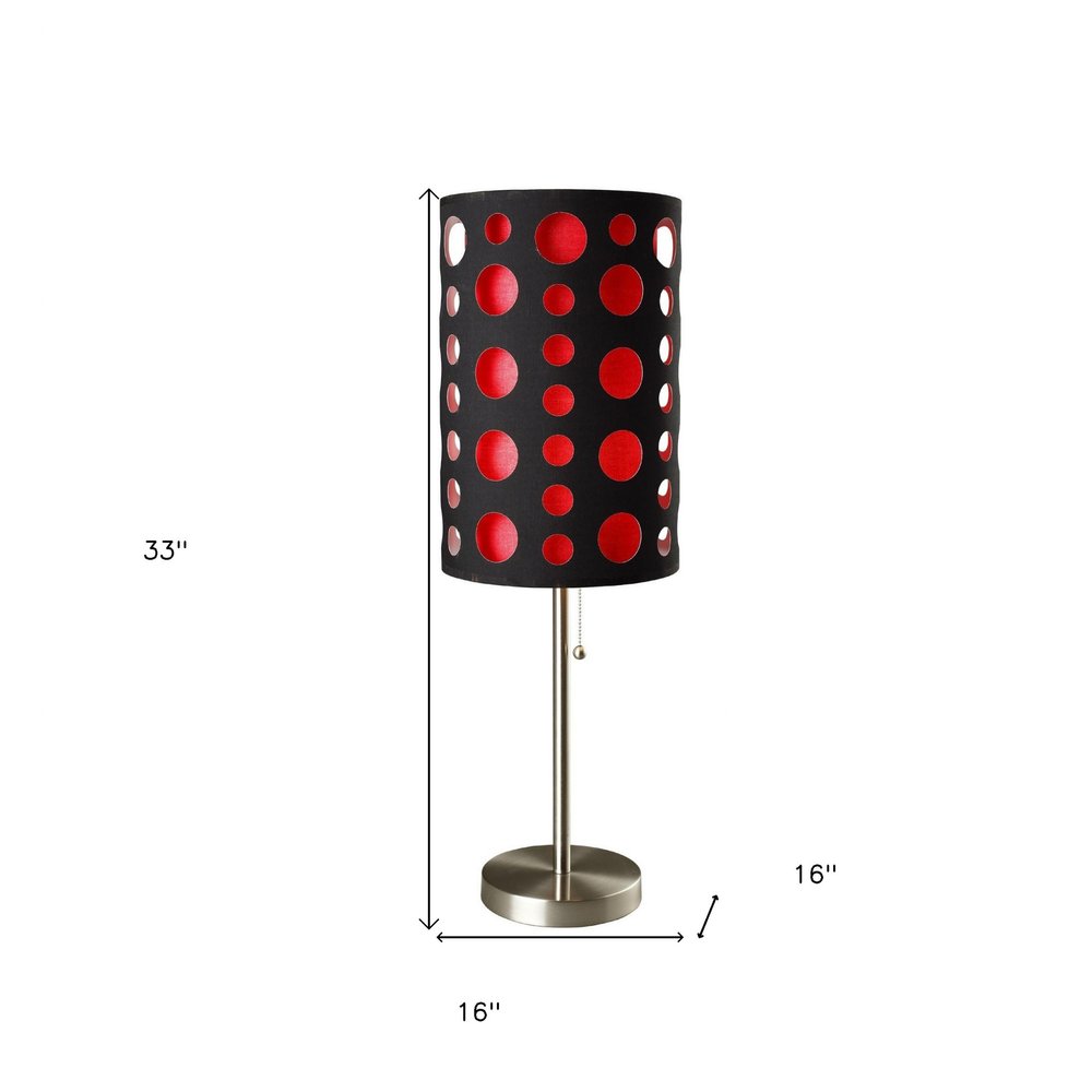 33" Steel Mod Table Lamp With Black And Red Drum Shade. Table lamp isolated on a plain white background, finished in black metal.