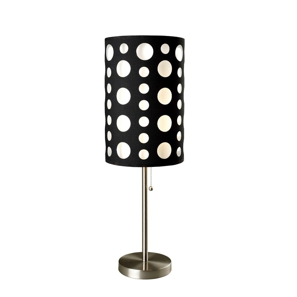 33" Steel Mod Table Lamp With Black And Red Drum Shade. Table lamp isolated on a plain white background, showing a black metal surface.