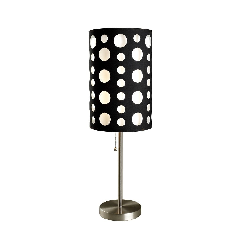 33" Steel Mod Table Lamp With Black And Red Drum Shade. Table lamp isolated on a plain white background, in a black metal finish.