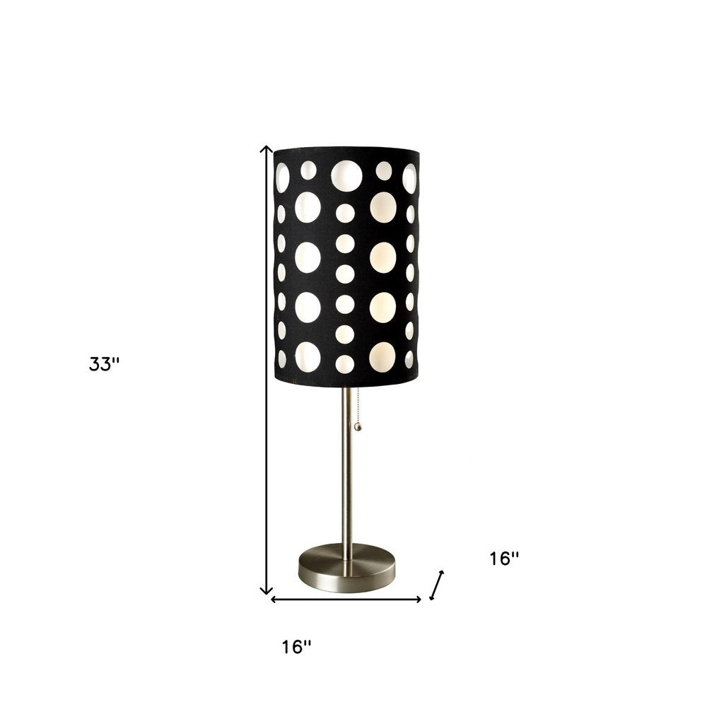 33" Steel Mod Table Lamp With Black And Red Drum Shade. Table lamp isolated on a plain white background, in a black metal finish.