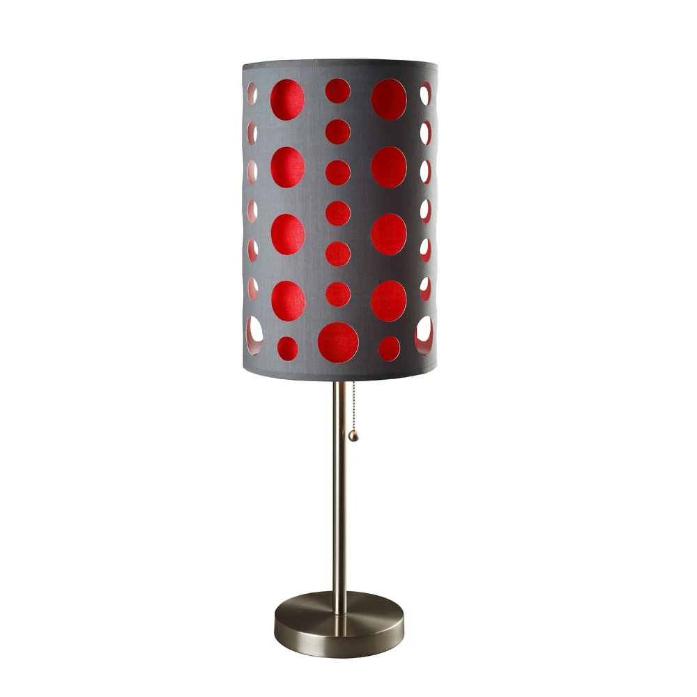 33" Gray and Red Mod Dot Novelty Table Lamp. Table lamp isolated on a plain white background, finished in gray.