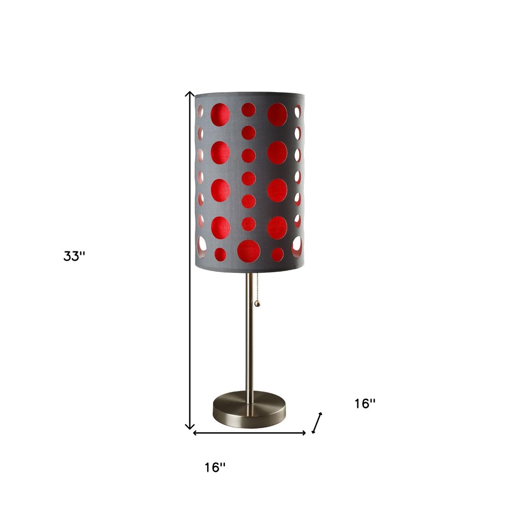33" Gray and Red Mod Dot Novelty Table Lamp. Table lamp isolated on a plain white background, showing its gray color.
