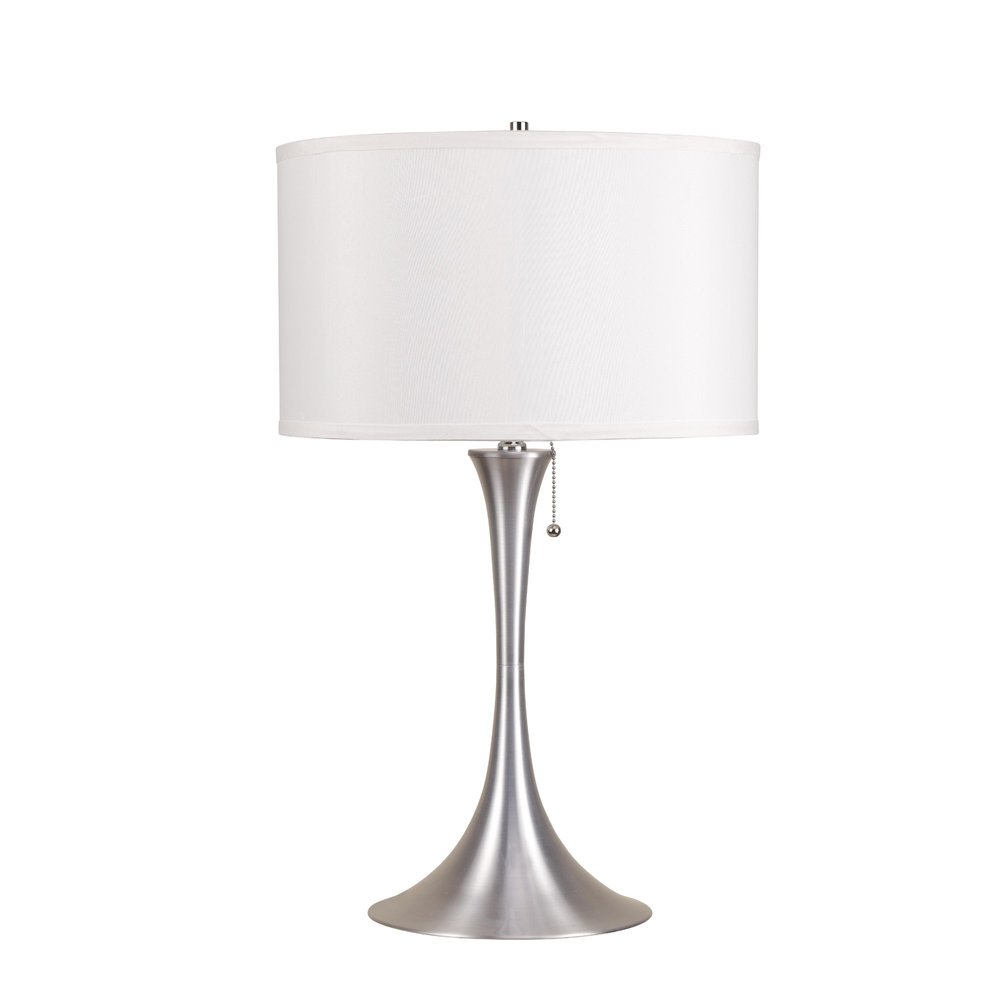 28" Silver Metal Bedside Table Lamp With White Shade. Table lamp isolated on a plain white background, in a silver metal finish.