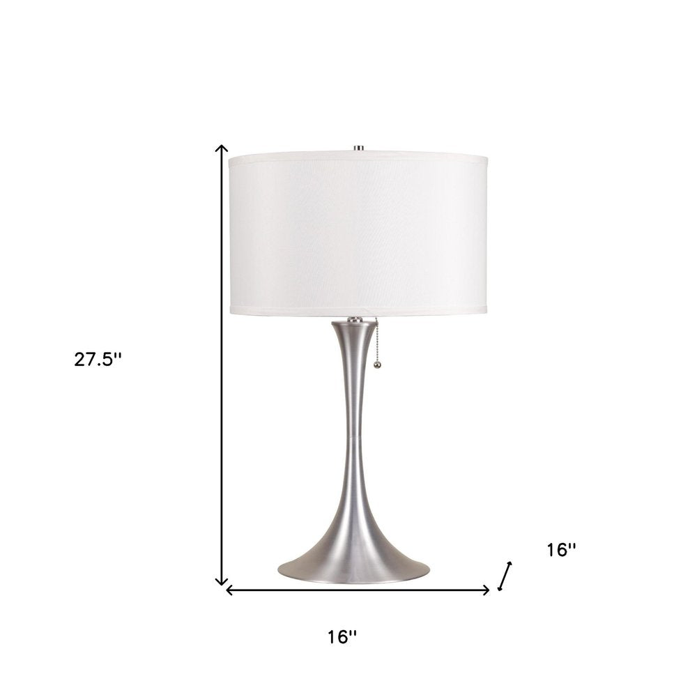28" Silver Metal Bedside Table Lamp With White Shade. Table lamp isolated on a plain white background, in a silver metal finish.
