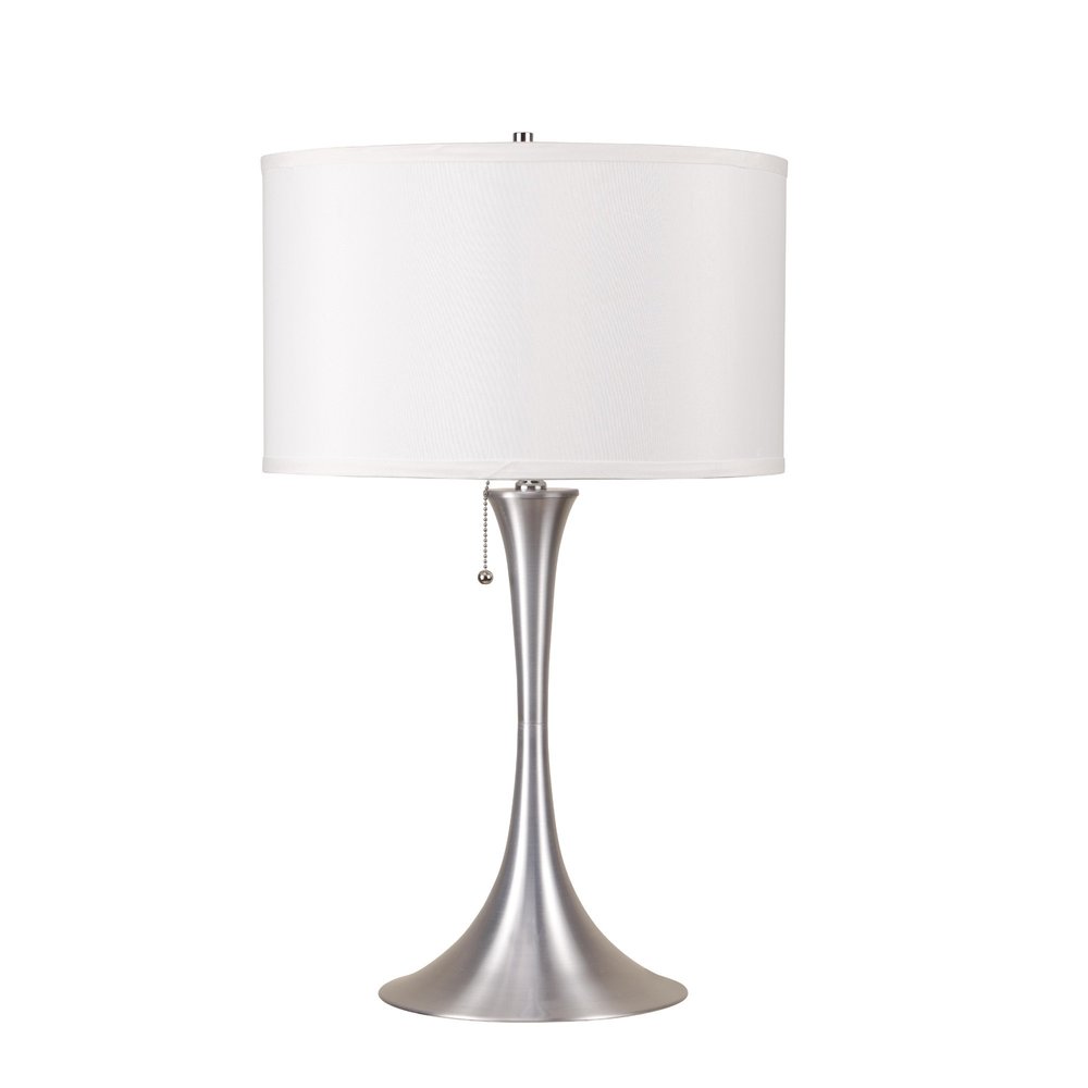 28" Silver Metal Bedside Table Lamp With White Shade. Table lamp isolated on a plain white background, finished in silver metal.