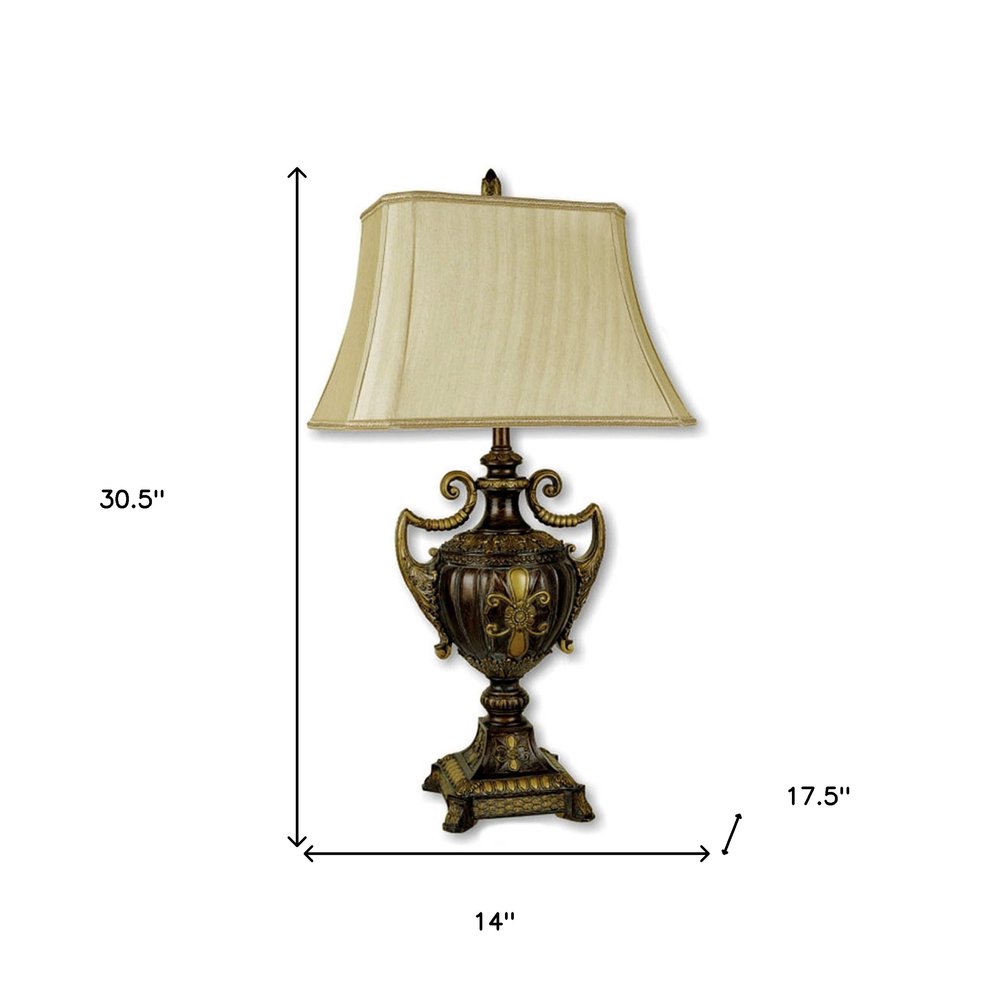 31" Gold Bedside Lamp With Bell Shade. Lamp isolated on a plain white background, in a gold finish.