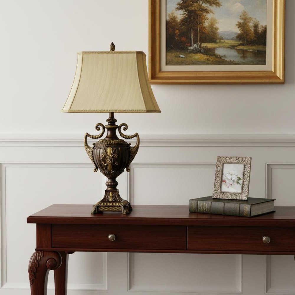 31" Gold Bedside Lamp With Bell Shade styled in a furnished interior with an off-white wall on a wood floor.