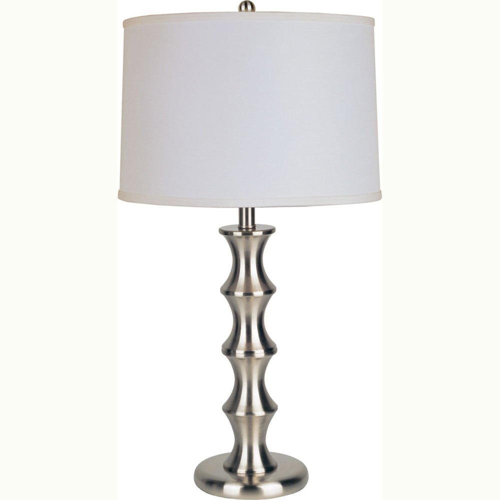 30" Black Solid Wood Bedside Table Lamp With White Shade. Table lamp isolated on a plain white background, in a white wood finish.