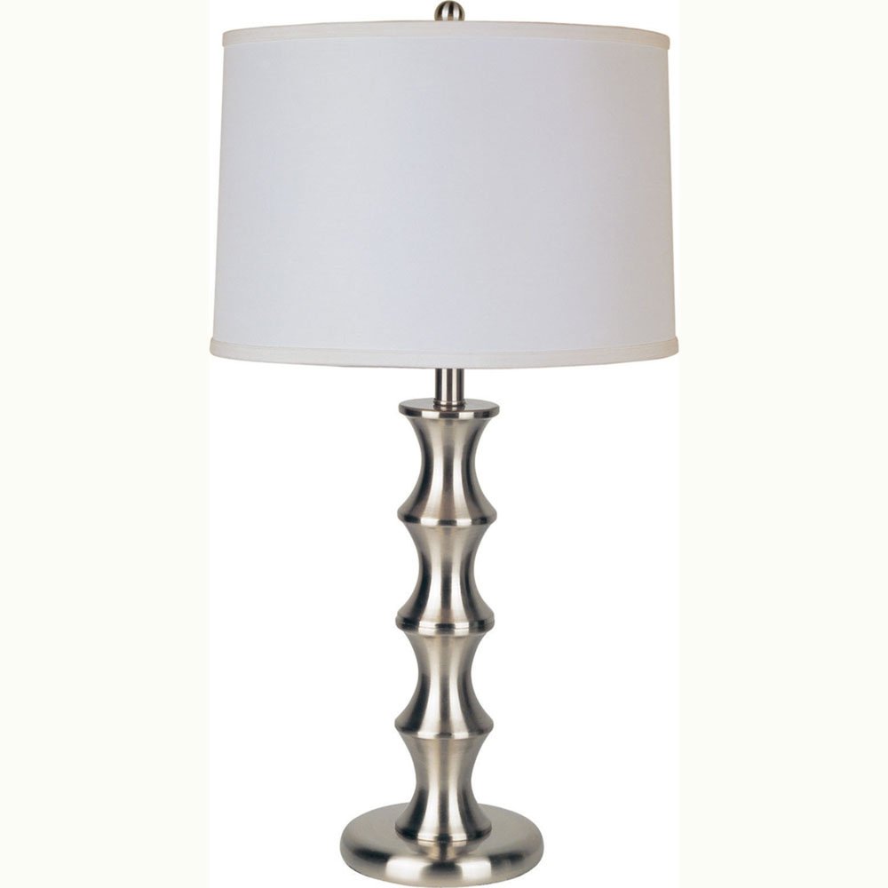 30" Black Solid Wood Bedside Table Lamp With White Shade. Table lamp isolated on a plain white background, finished in white wood.