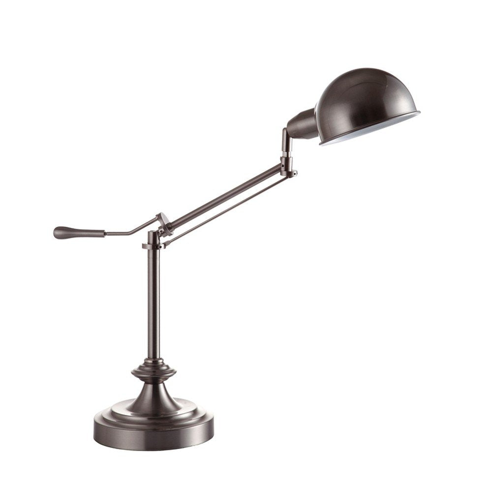 A silver metal swing arm table lamp with a dome shade on a white background.