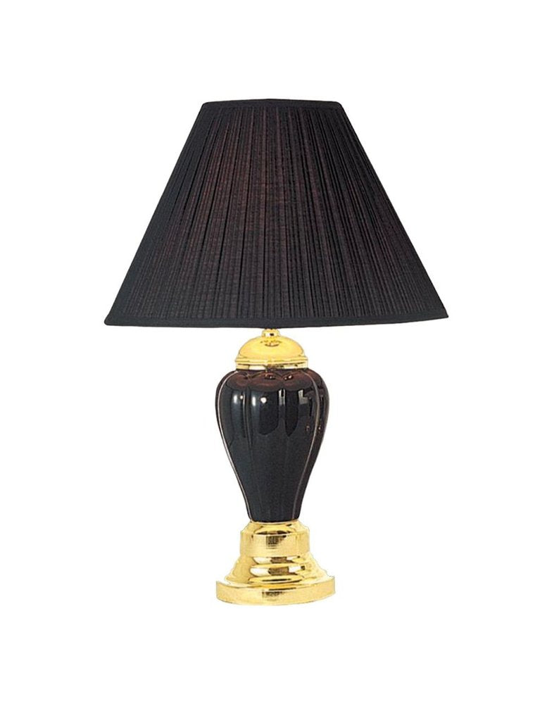 27" Black and Gold Ceramic Urn Table Lamp With Black Empire Shade. Table lamp isolated on a plain white background, showing a gold ceramic surface.