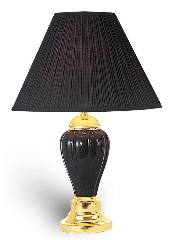 27" Black and Gold Ceramic Urn Table Lamp With Black Empire Shade. Table lamp isolated on a plain white background, in a black ceramic finish.
