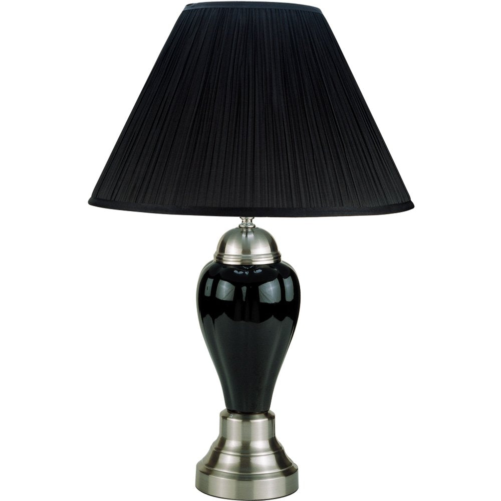 27" Black and Silver Ceramic Urn Table Lamp With Black Empire Shade. Table lamp isolated on a plain white background, in a silver ceramic finish.