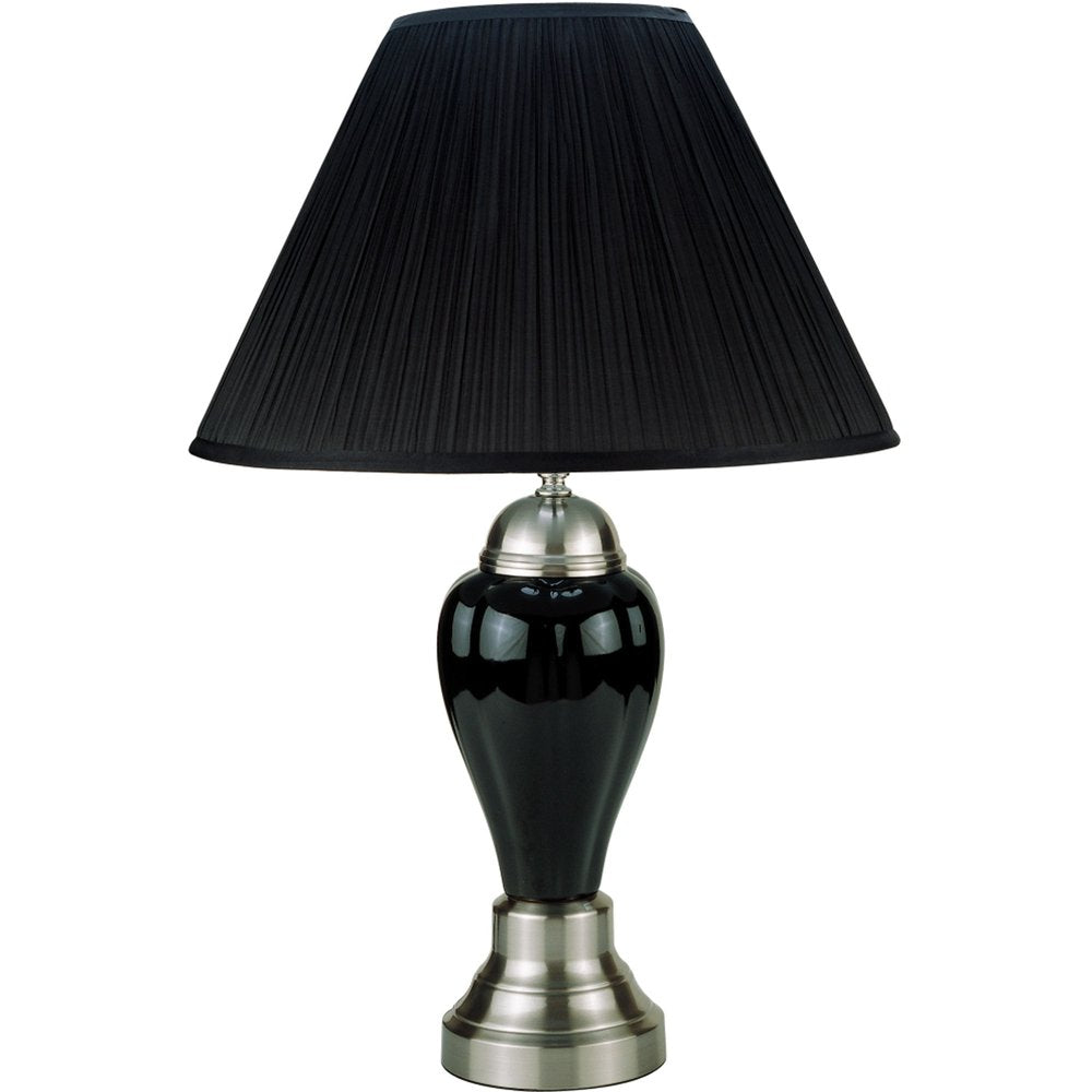 27" Black and Silver Ceramic Urn Table Lamp With Black Empire Shade. Table lamp isolated on a plain white background, finished in silver ceramic.