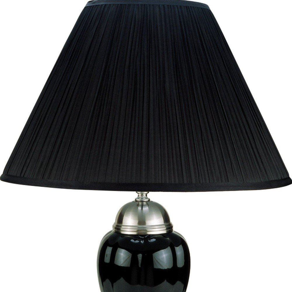 27" Black and Silver Ceramic Urn Table Lamp With Black Empire Shade. Table lamp isolated on a plain white background, showing a silver ceramic surface.