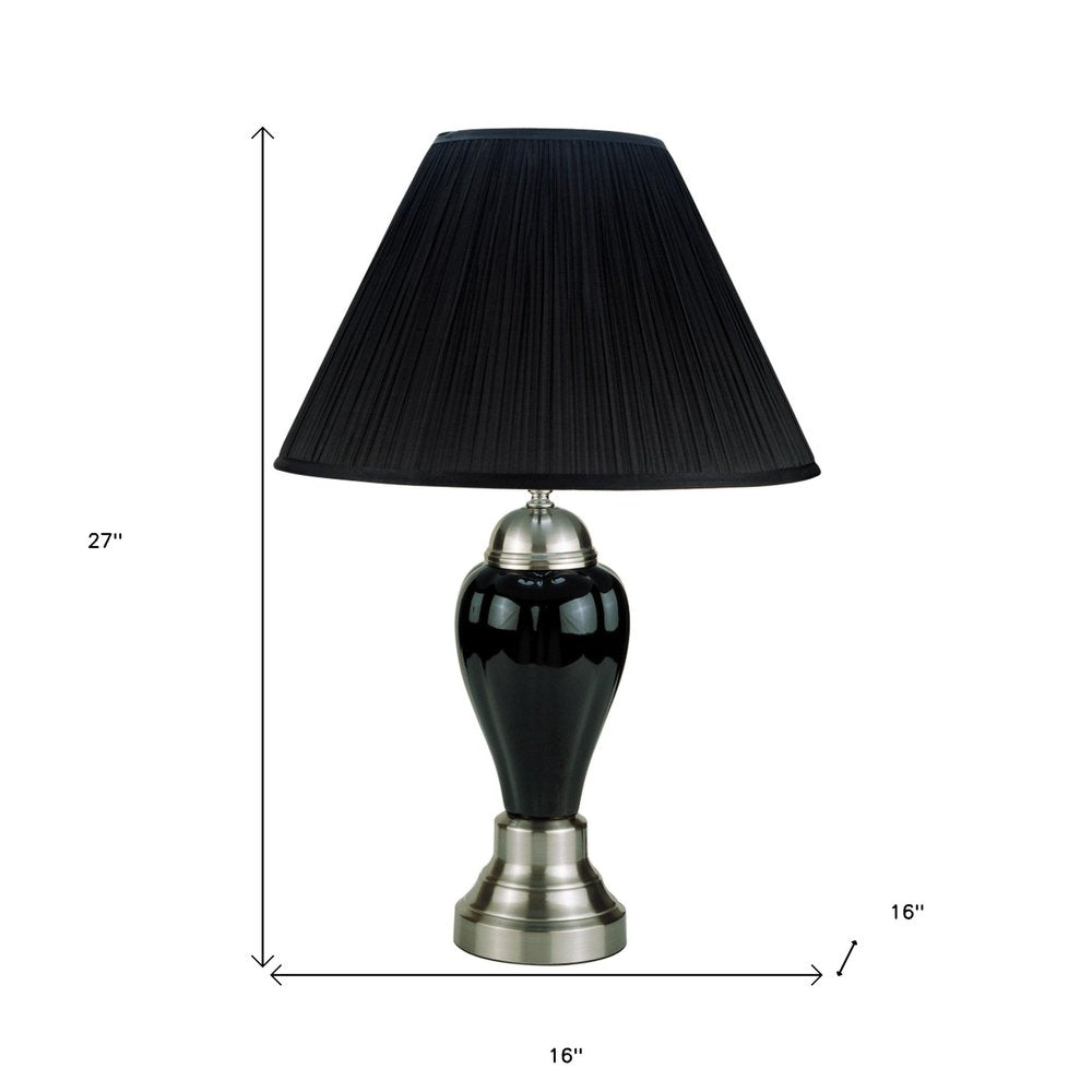 27" Black and Silver Ceramic Urn Table Lamp With Black Empire Shade. Table lamp isolated on a plain white background, showing a silver ceramic surface.