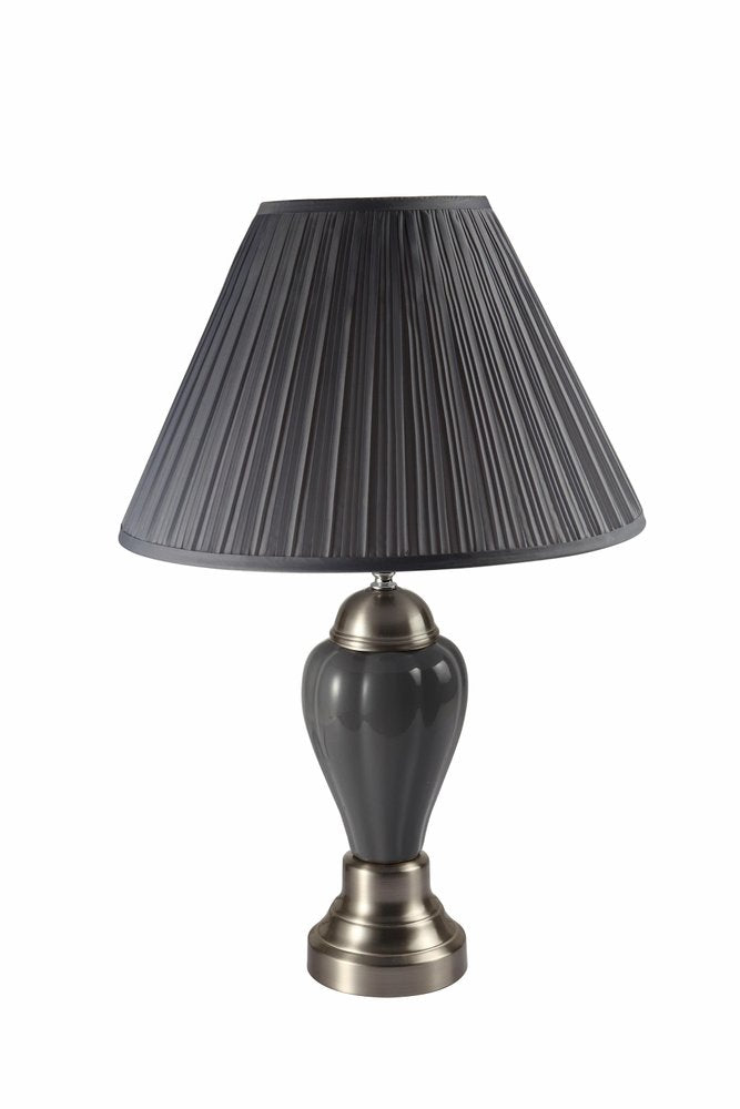 27" Gray and Silver Metal Urn Table Lamp With Gray Empire Shade. Table lamp isolated on a plain white background, in a silver metal finish.