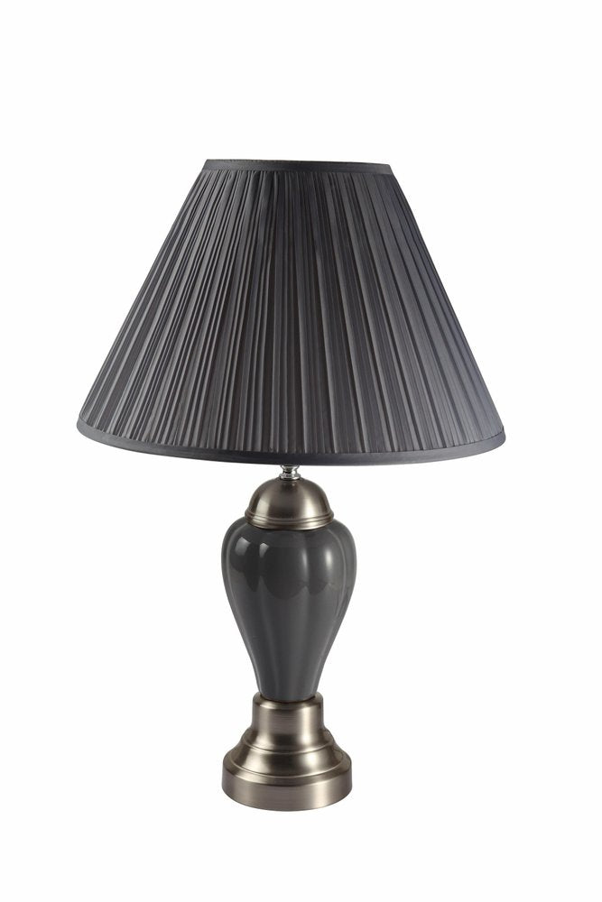 27" Gray and Silver Metal Urn Table Lamp With Gray Empire Shade. Table lamp isolated on a plain white background, finished in silver metal.