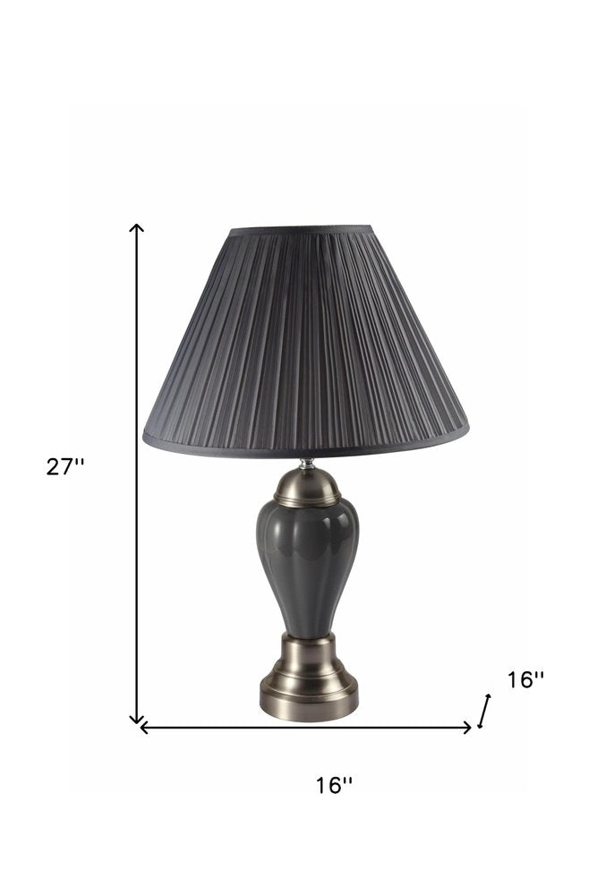 27" Gray and Silver Metal Urn Table Lamp With Gray Empire Shade. Table lamp isolated on a plain white background, showing a silver metal surface.