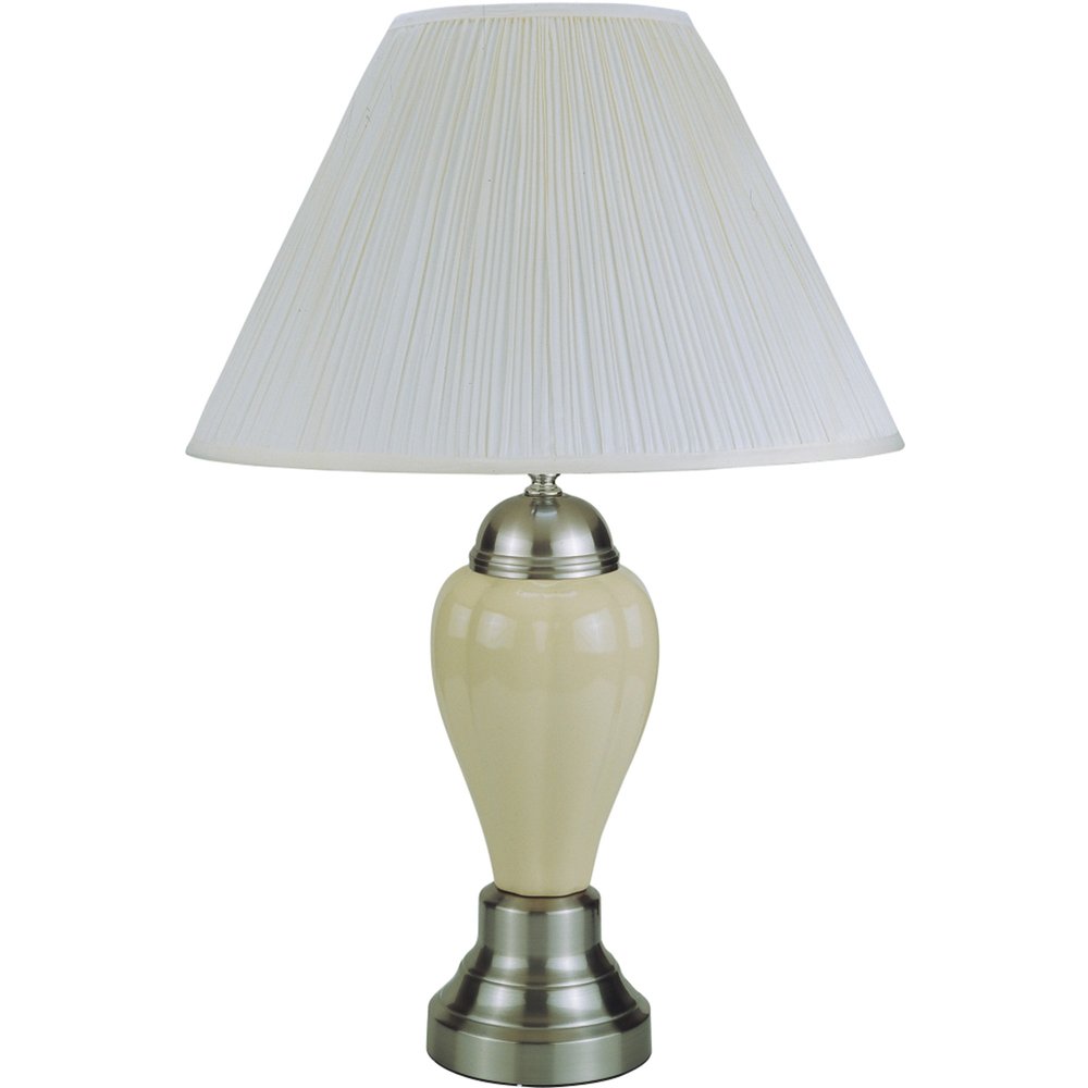27" Gray and Silver Metal Urn Table Lamp With Gray Empire Shade. Table lamp isolated on a plain white background, finished in silver metal.