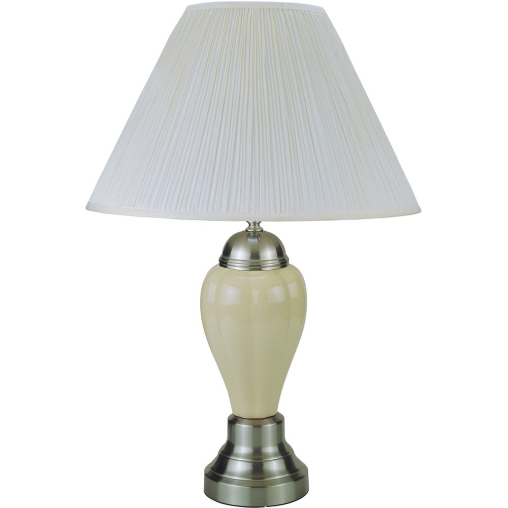 27" Gray and Silver Metal Urn Table Lamp With Gray Empire Shade. Table lamp isolated on a plain white background, in a silver metal finish.
