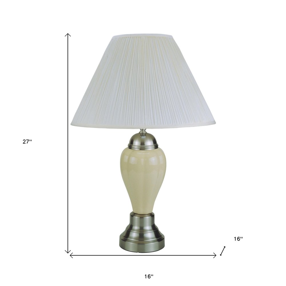 27" Gray and Silver Metal Urn Table Lamp With Gray Empire Shade. Table lamp isolated on a plain white background, finished in silver metal.